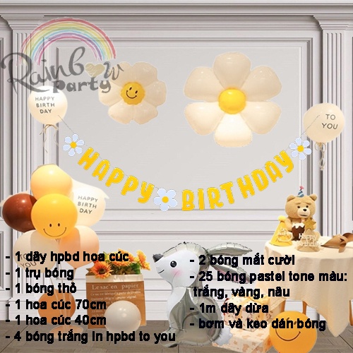 Set bóng trang trí sinh nhật tone vàng trắng chủ đề hoa cúc Daisy