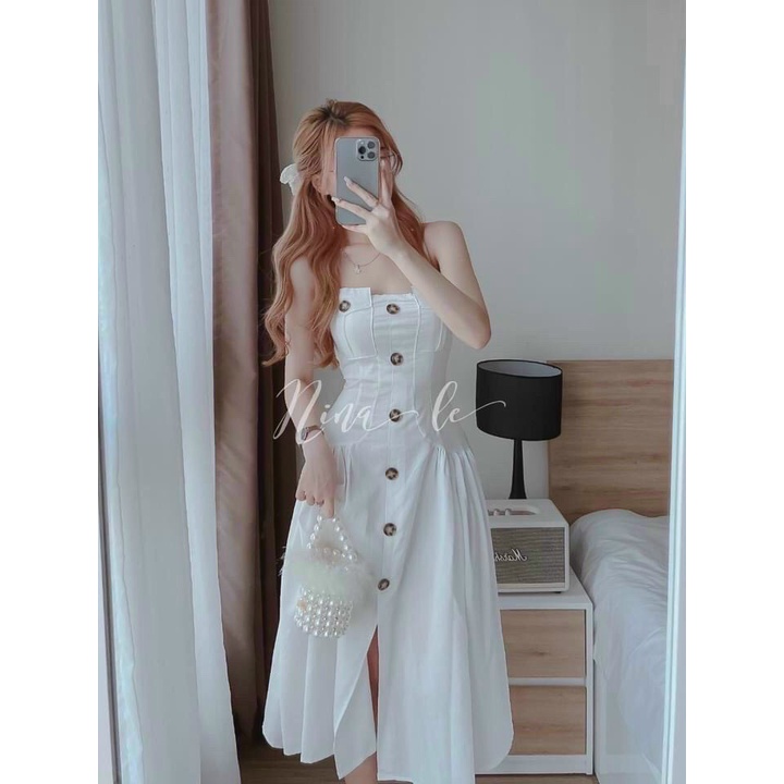 [FREE SHIP] ĐẦM HAI DÂY CHẤT FORD CÓ MÚT NGỰC PHỐI DỌC NÚT TÔN DÁNG CHO CÁC CHỊ EM