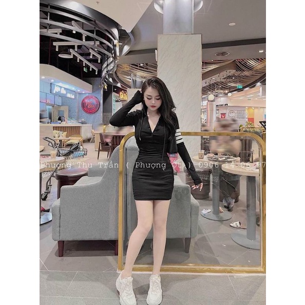 Váy body mũ chất len tăm phối tay dáng ngắn xinh.Đầm body len nữ ấm áp.