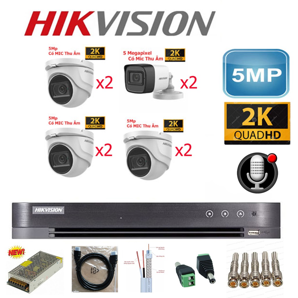 { 5Mp Tích hợp Mic } Trọn bộ 5/6/7/8 Camera Hikvision 5Mp chính hãng tích hợp Mic ghi âm, đầy đủ phụ kiện lắp đặt