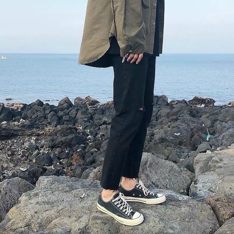 QUẦN BAGGY JEANS ĐEN TRƠN ỐNG SUÔNG RÁCH GỐI UNISEX (có hình chụp thật)