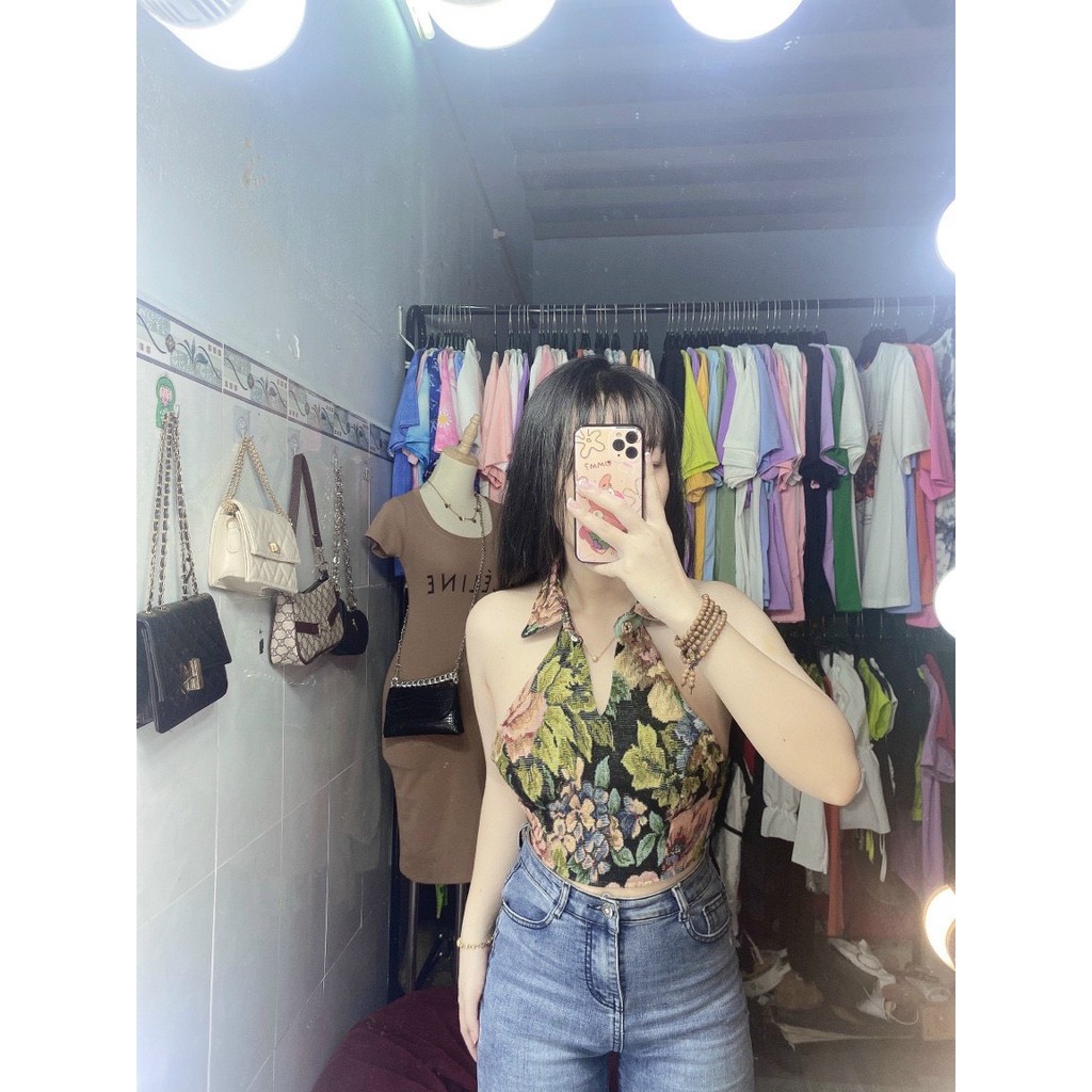 Áo kiểu nữ croptop cổ yếm hở lưng đan dây hoa thổ cẩm xinh ut