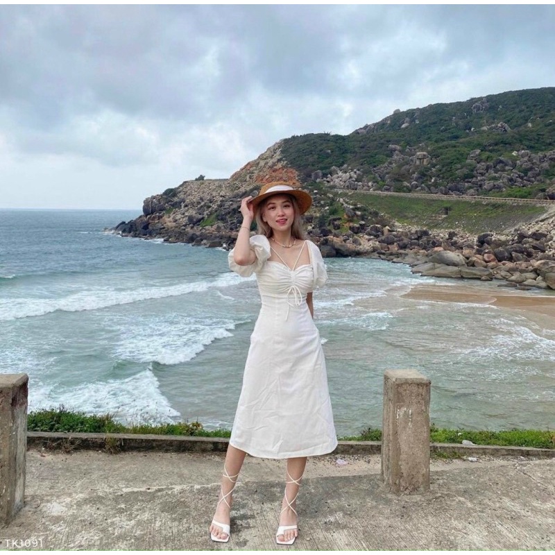 Đầm midi phối dây rút