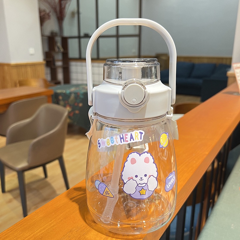 [ TẶNG STICKER ] Bình Nước Nhựa Nhắc Nhở Uống Nước Dung Tích 1200ml Có Dây Đeo Và Quai Xách