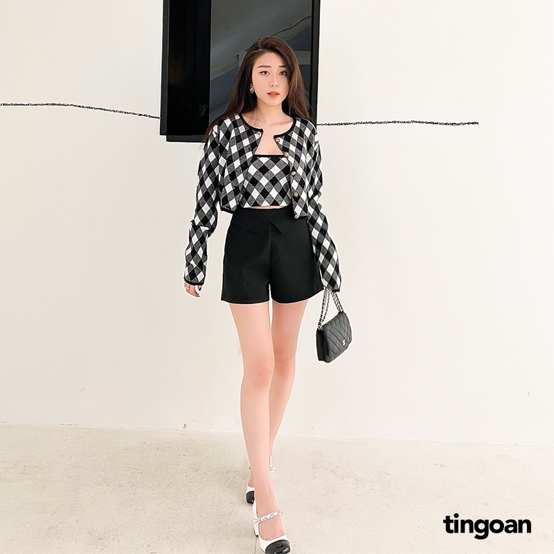 TINGOAN® - Áo cardigan len xù crop kẻ quả trám tặng kèm quây đen tingoan LOVE YOU BACK CARDIGAN