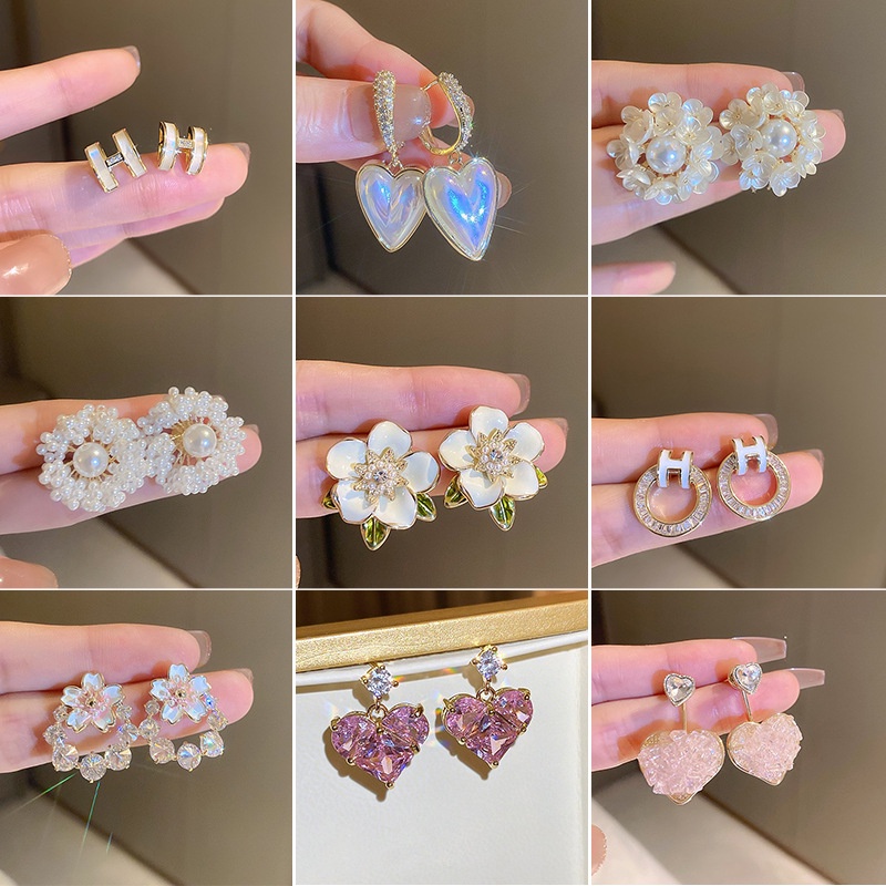 Bông Tai Mạ Bạc 925 Đính Đá Zircon Ngọc Trai Sang Trọng Phong Cách Hàn Quốc