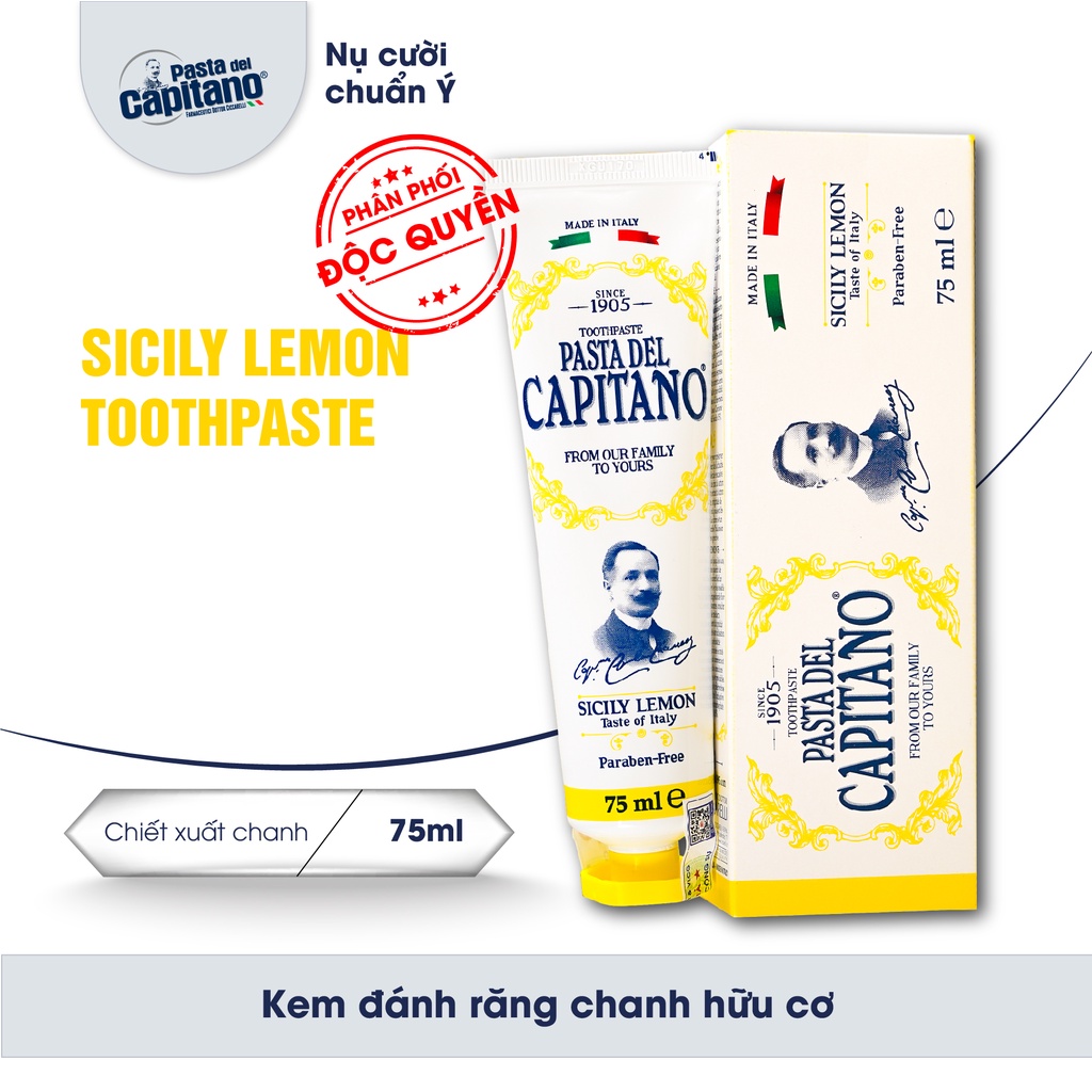 Kem đánh răng chiết xuất chanh hữu cơ cho hơi thở thơm mát nhập khẩu Ý Pasta del Capitano 1905 Sicily Lemon Toothpaste
