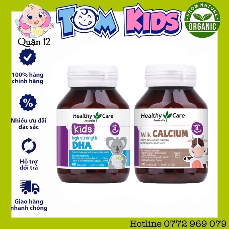 DHA và Canxi Healthy Care 60v Úc cho bé date 2023