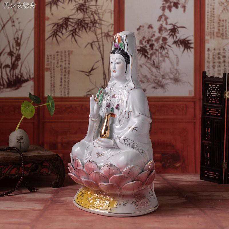 Tượng Phật Quan Âm Ngồi Trên Đài Sen Hai Mặt Bằng Gốm Sứ