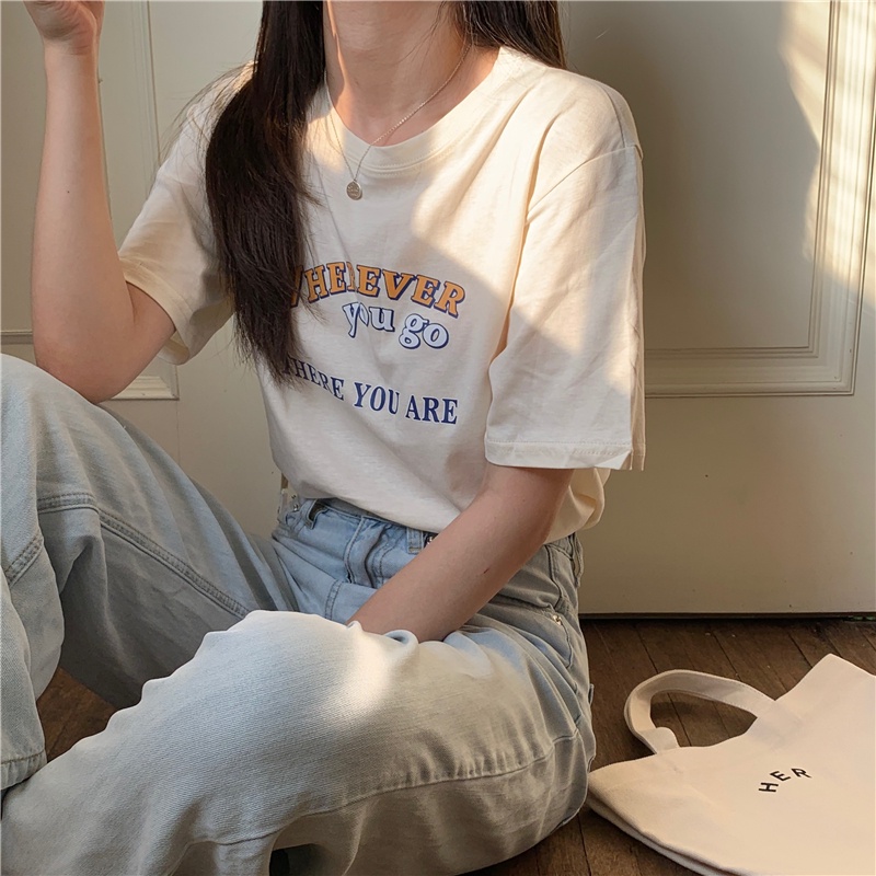 SUXI Áo Thun Tay Ngắn Cổ Tròn Dáng Rộng In Chữ Thời Trang Mùa Hè Cho Nữ