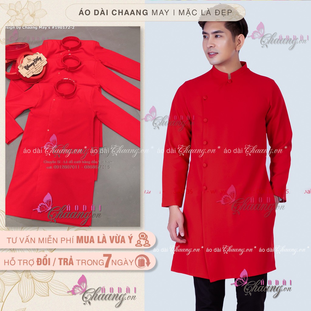 Áo dài cách tân nam đỏ Chaang May sẵn vải phom vestton truyền thống dày dặn dự tiệc cưới lễ tết đẹp ADC146