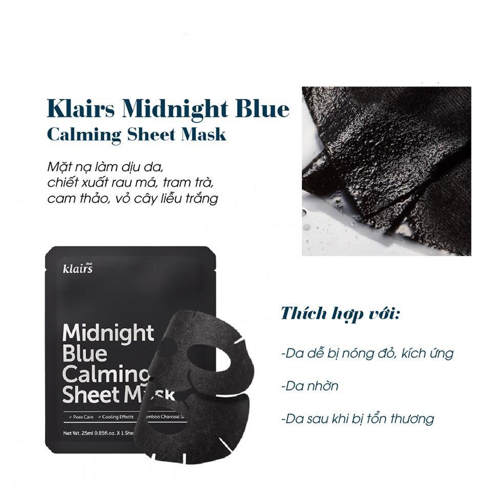 Mặt Nạ Làm Dịu Phục Hồi Da Dear Klairs Midnight Blue Calming Sheet Mask 25ml