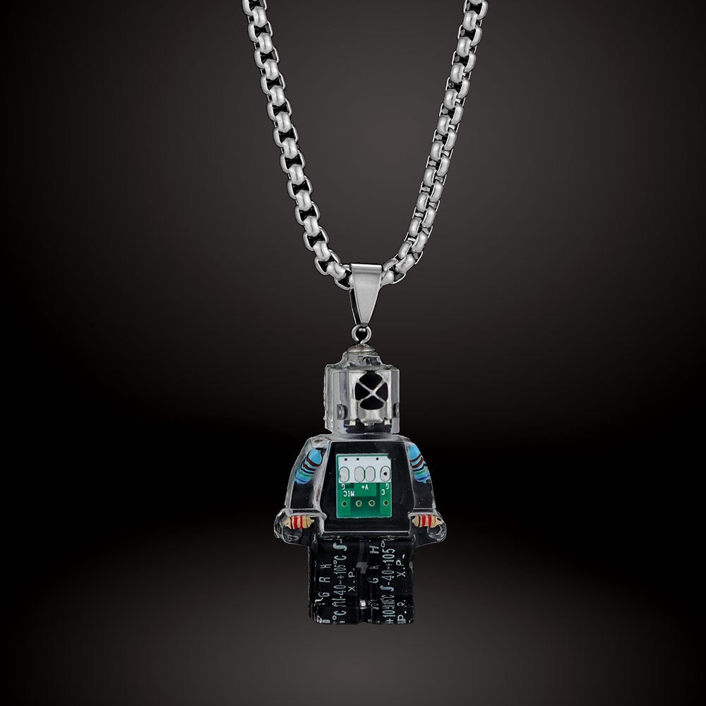 Dây chuyền nam nữ mặt hình Lego Robot chất liệu nhựa trong suốt chi tiết linh kiện điện tử 70cm