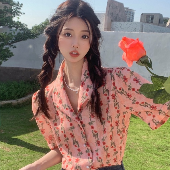 【ZHELIHANGFEI】Áo Sơ Mi Hoa Dài Tay Lưng Cao Xinh Xắn Dễ Phối Đồ