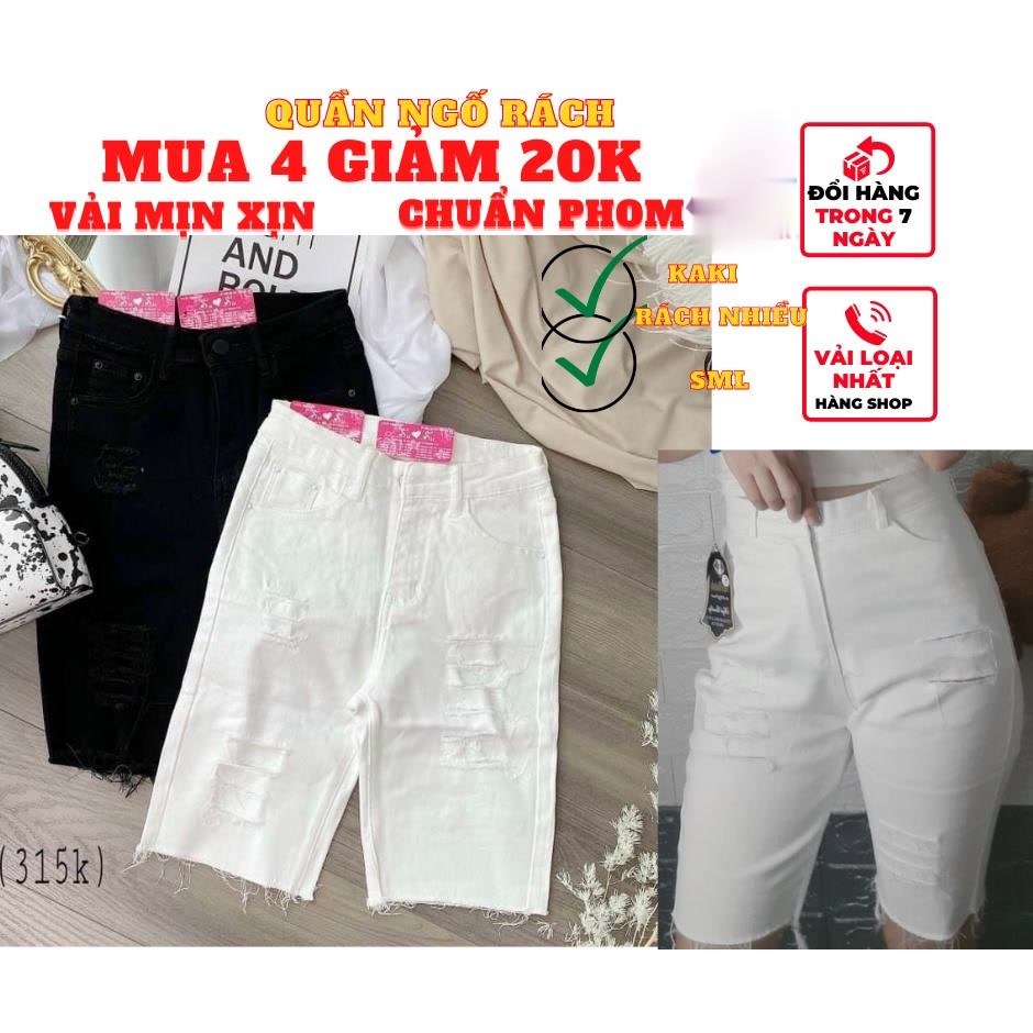 Quần ngố lửng nữ rách tua rua lưng cao ôm kiểu dáng hàn quốc chất kaki màu trắng đen sang chảnh
