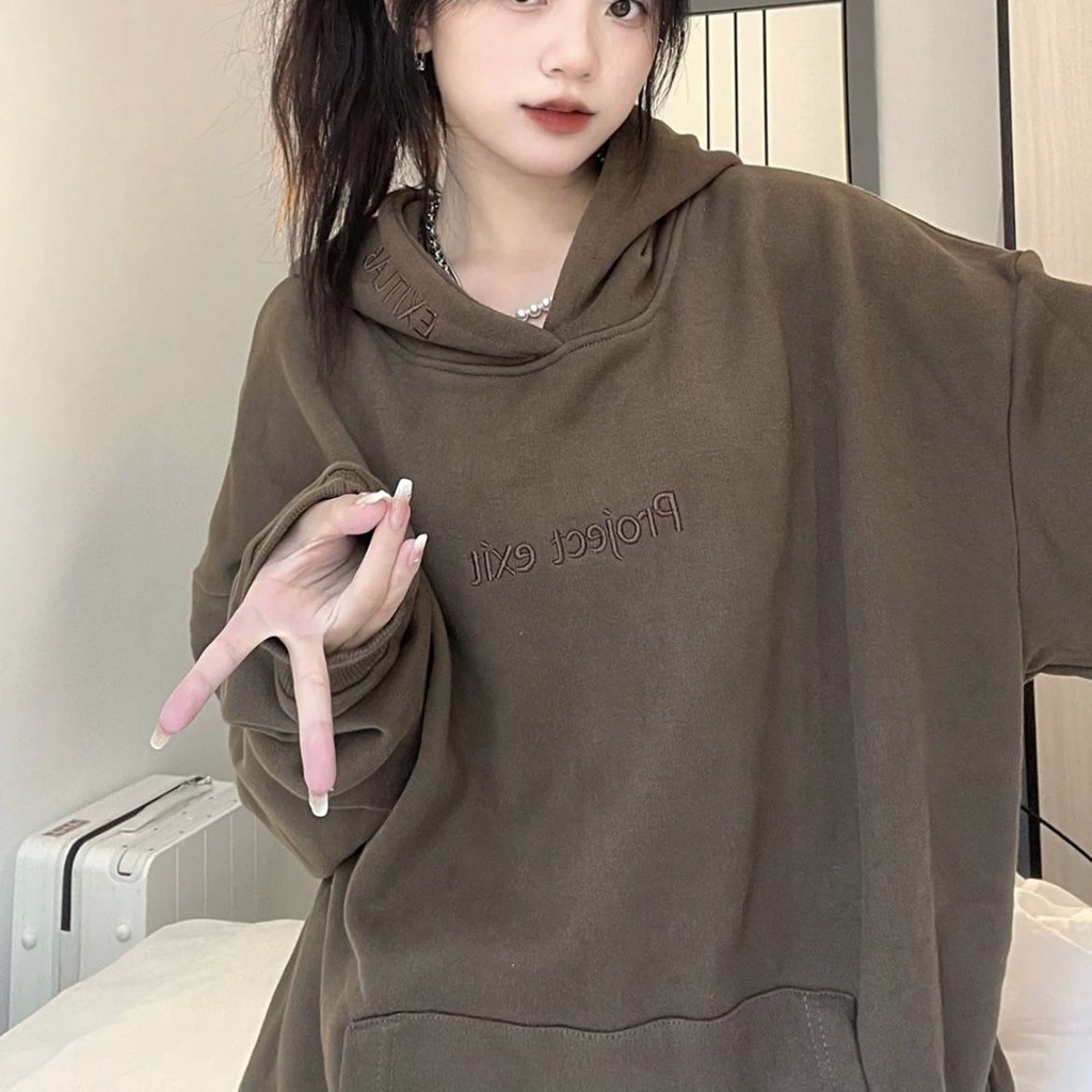 Jiashucheng Áo Hoodie Dài Tay Màu Nâu Đậm Phong Cách Mới Thu Đông