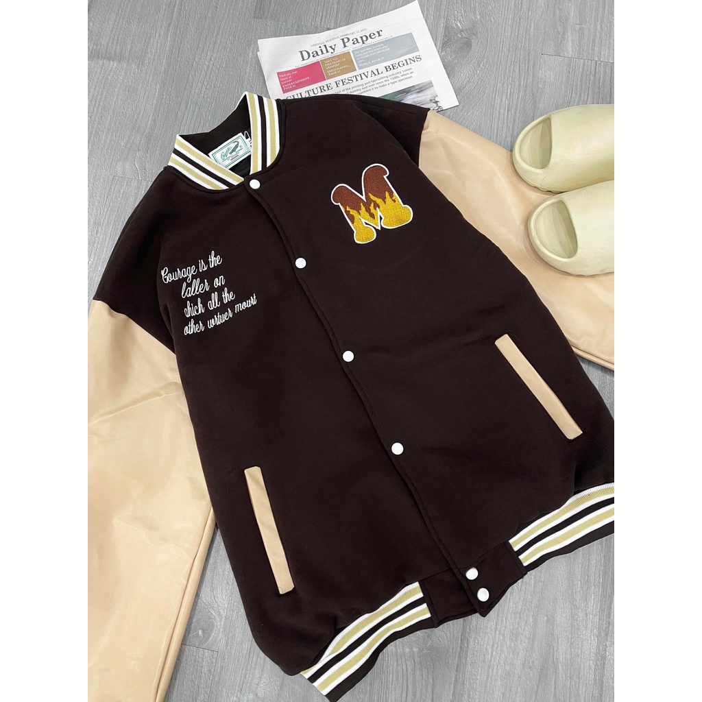 Áo Khoác Bomber Bóng Chày Nam Nữ Bom House Chất Liệu Nỉ Phối Tay Da