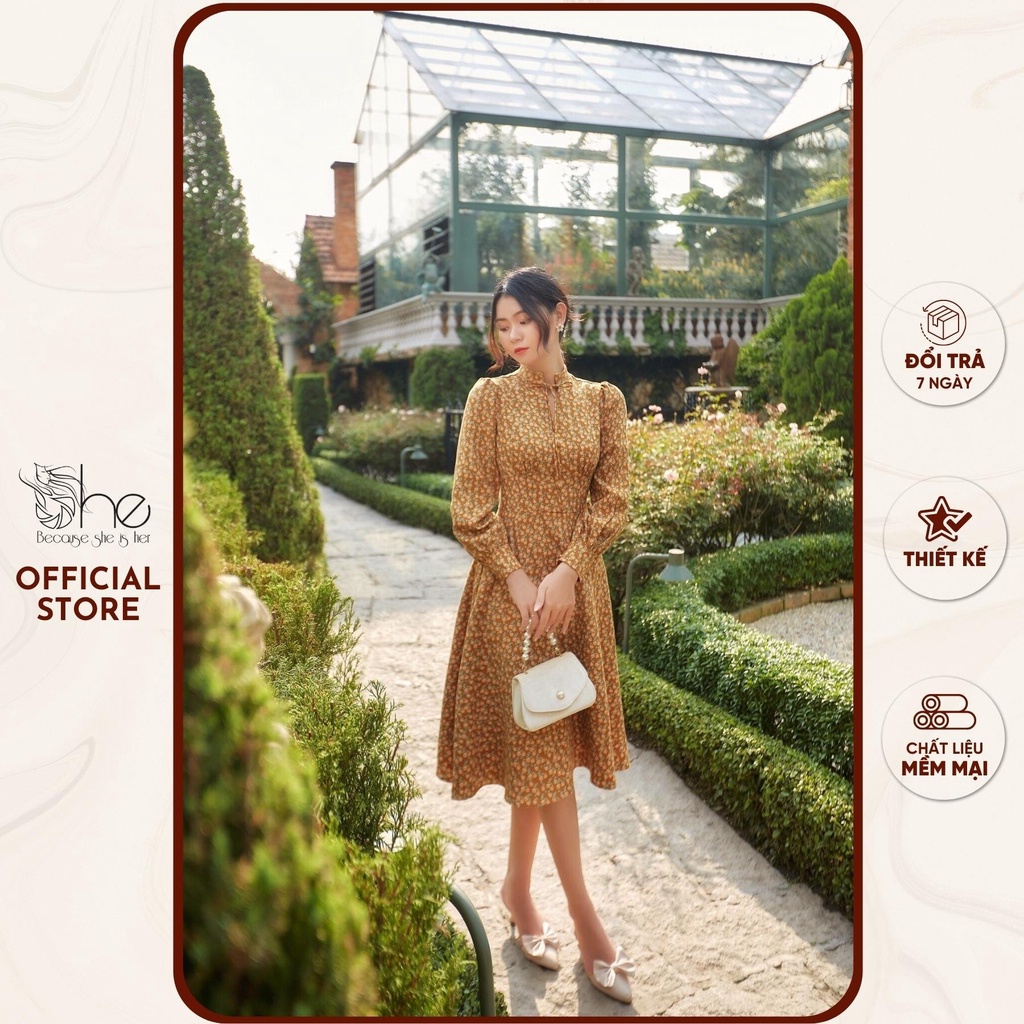 Váy trắng hoa sang trọng She, váy tiểu thư hoa thiết kế tay dài voan đẹp SDX133