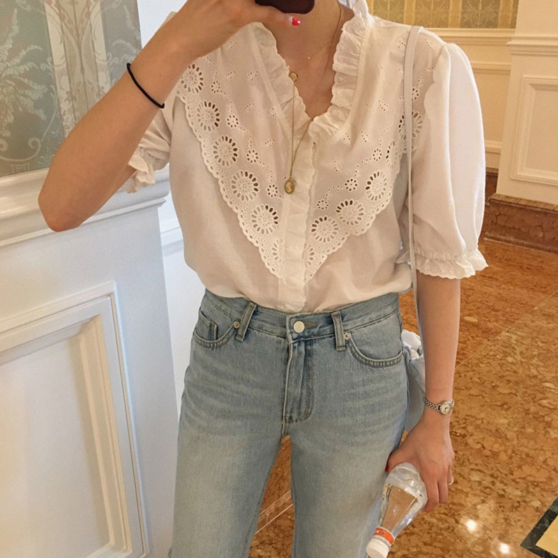 Áo Kiểu Tay Phồng Ngắn Cổ Chữ V Phối Bèo Phong Cách Retro Hàn Quốc