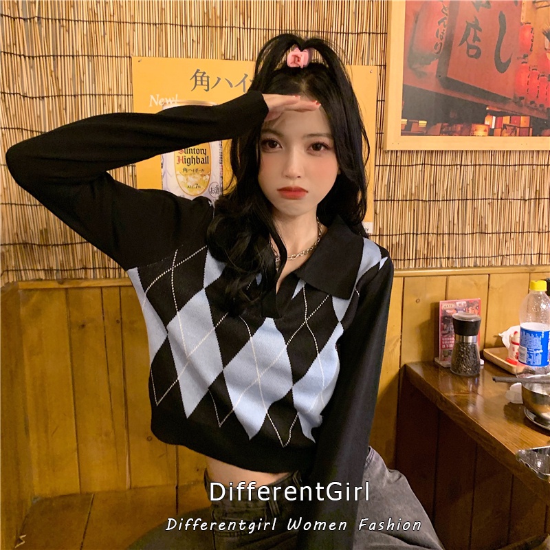 Áo Sweater Dệt Kim Tay Dài Cổ Polo Dáng Ôm Họa Tiết Kim Cương Kiểu Retro Dễ Phối Đồ