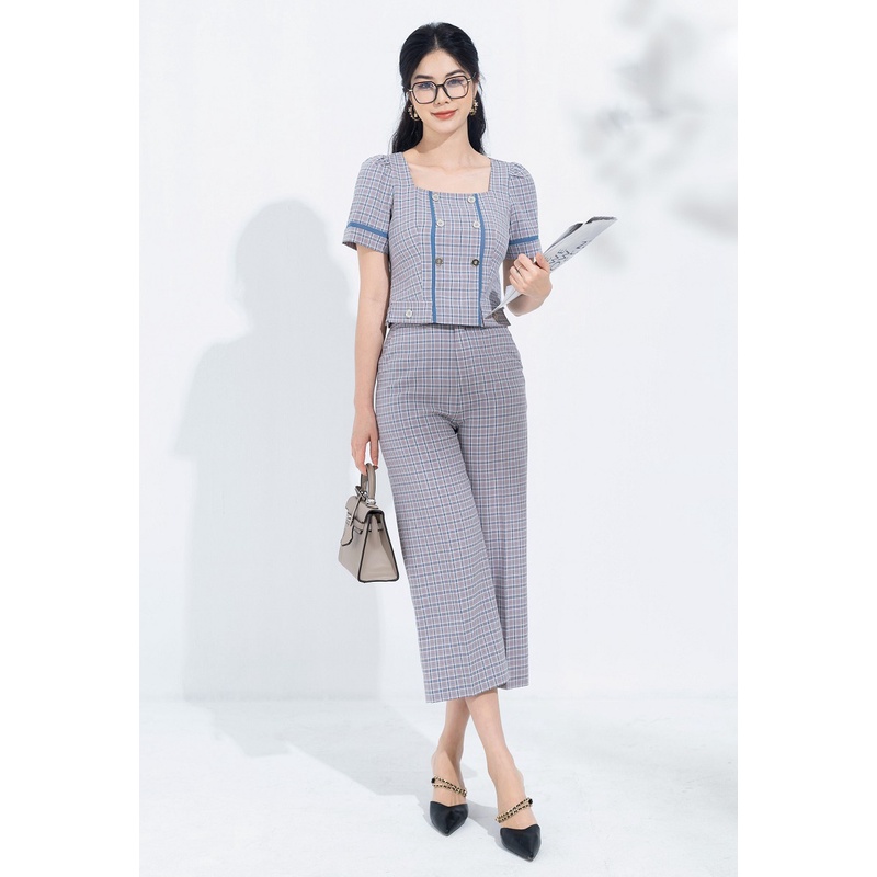 Set Bộ Nữ Công Sở Chất Thô Kẻ Cao Cấp, Bao Gồm Áo Cổ Vuông Dáng Croptop & Quần Tây Ống Rộng Orchid GH14S130