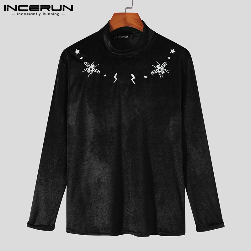 Áo thun INCERUN tay dài cổ lọ thêu họa tiết thời trang xuân thu cho nam