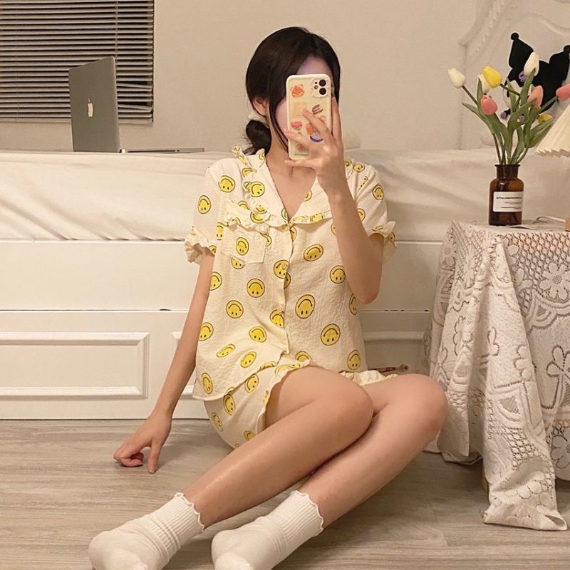 Set Bộ Mặc Nhà Pijama Nữ Cộc Tay Chất Đũi Mát Họa Tiết Dễ Thương