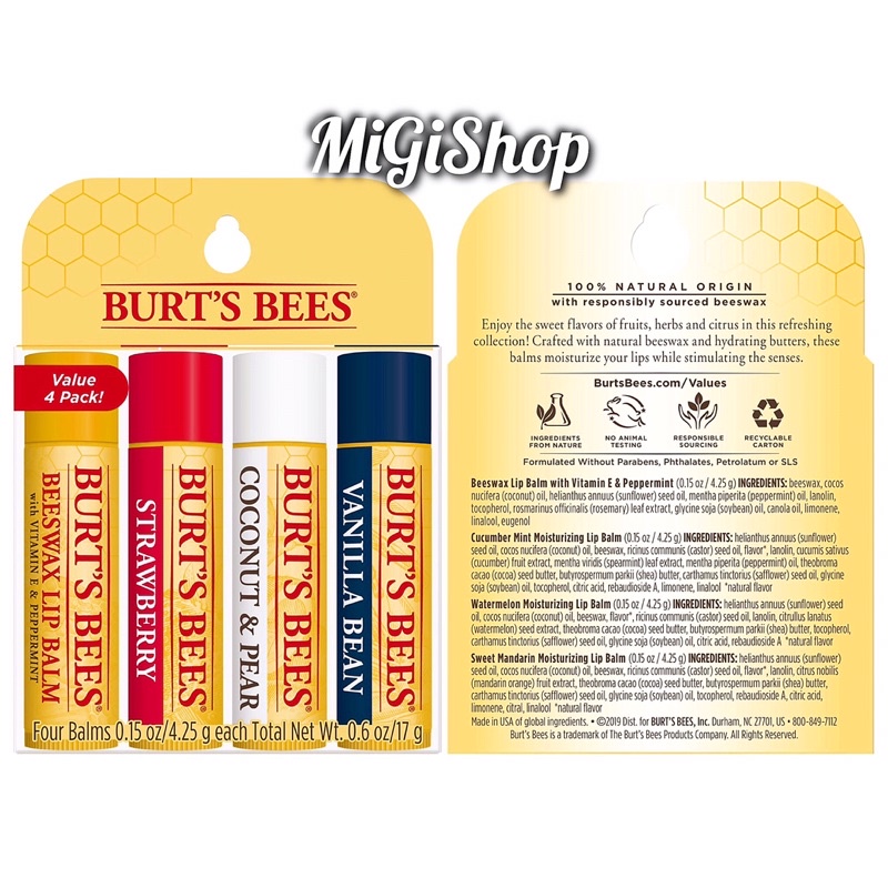 [Hàng Mỹ] Son Dưỡng Môi Burts Bees Moisturizing Lip Balm 4,25g