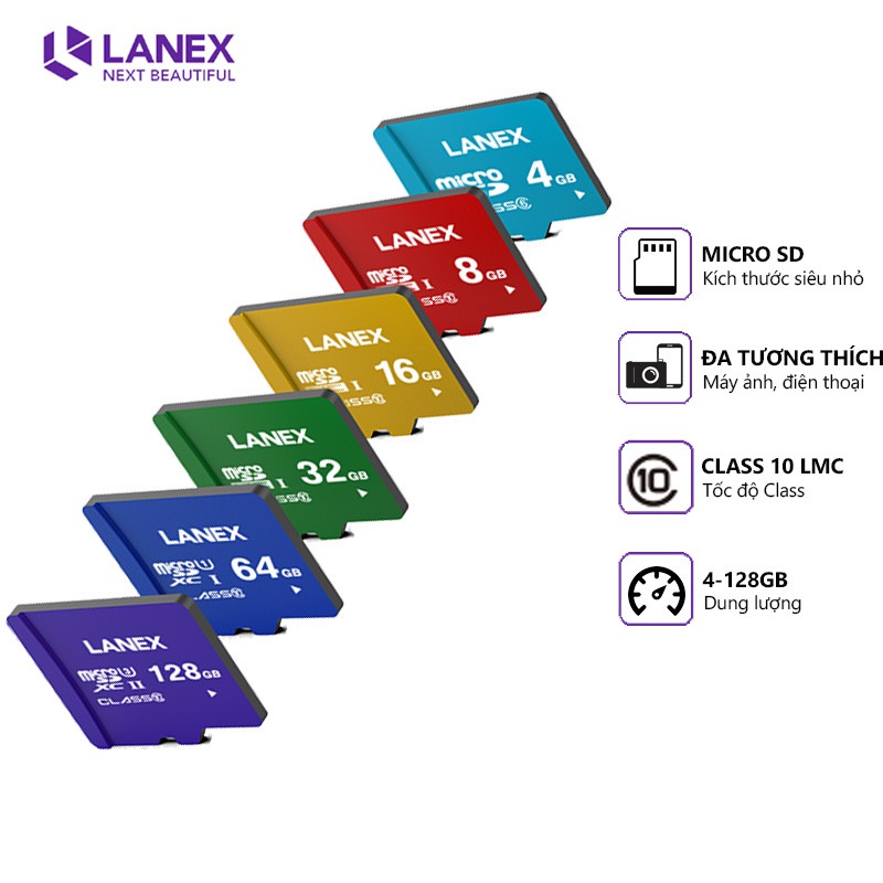 Thẻ nhớ Lanex 4/8/16/32/64GB micro sd, class 10, dung lượng thật, tương thích nhiều thiết bị