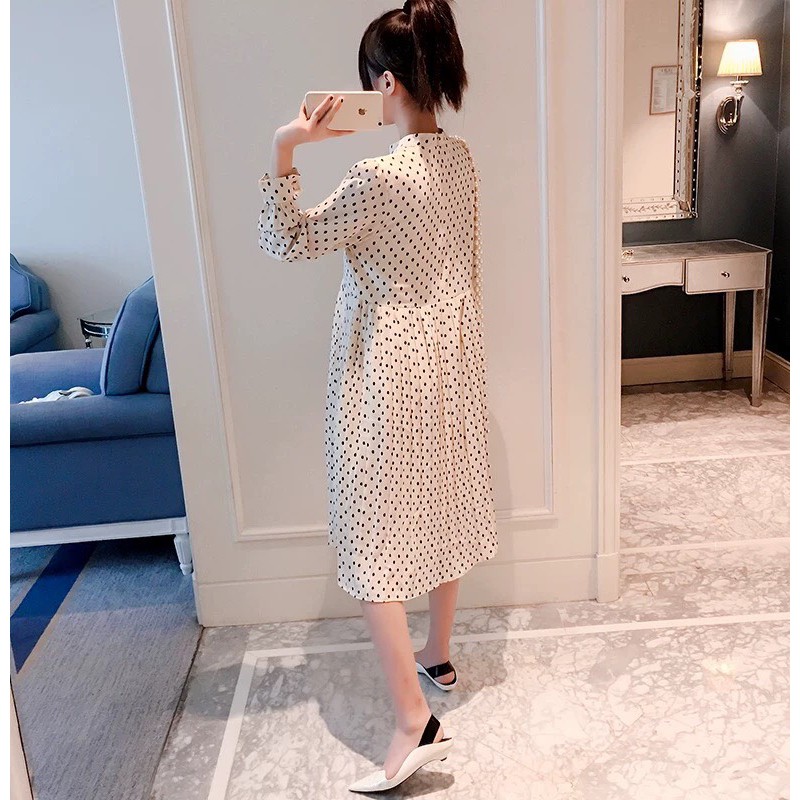 [ BIGSIZE 82kg ] VÁY ĐẦM BẦU THIẾT KẾ DỰ TIỆC CÔNG SỞ  DÀI TAY HỌA TIẾT CHẤM BI HÀN QUỐC