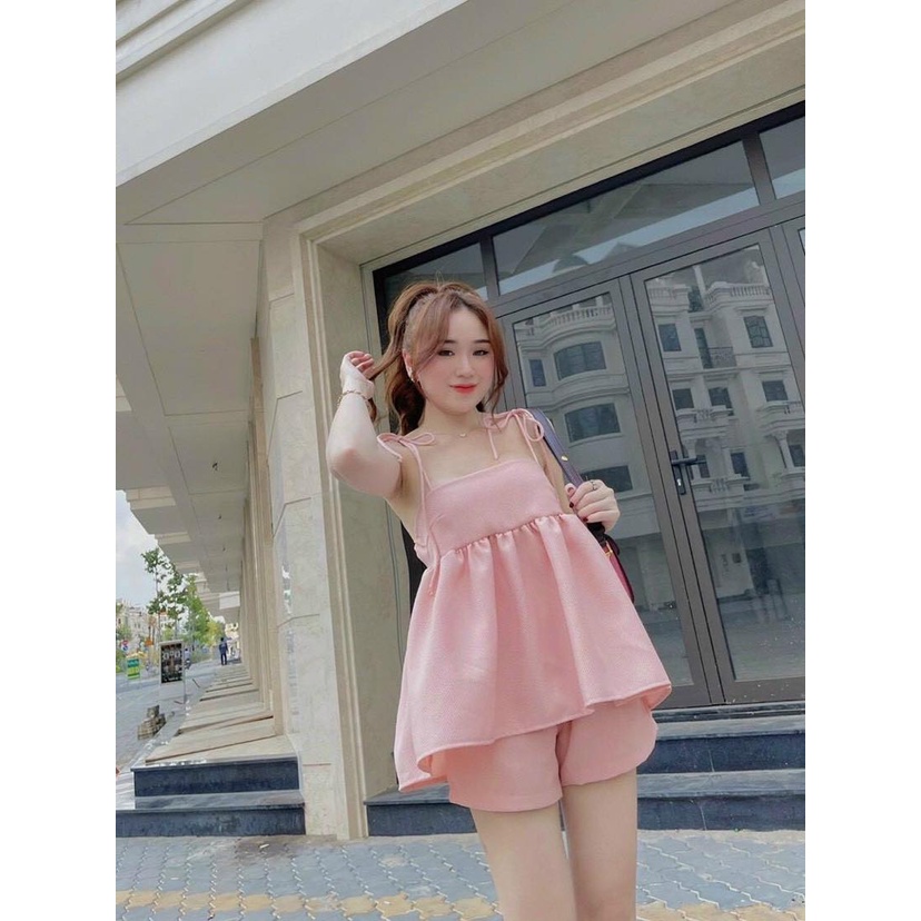 Set áo babydoll phồng, áo hai dây cột, quần short cho nữ mặc đi chơi, màu siêu xinh, phong cách tiểu thư, dễ thương