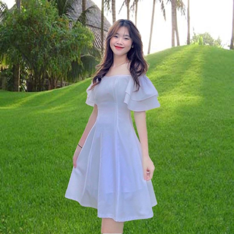 Đầm Trễ Vai Bèo Bèo Vai, Váy Cổ Vuông Bèo Vai 2 Tầng, Đầm Dự Tiệc