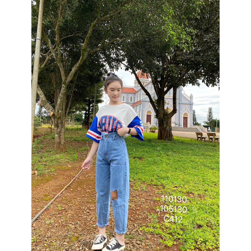 [ HÓNG DRAMA ] QUẦN BAGGY JEANS NỮ LƯNG CAO 2 NÚT 2 TÚI TRƯỚC ĐĨA CHÉO RÁCH NGŨ GIÁC GỐI TRÁI SỌC GỐI PHẢI XANH NHẠT