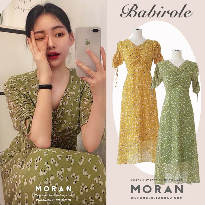 KÈM ẢNH THẬT- (ORDER) Váy MORAN voan hoa nhí dáng dài maxi dây rút nhún vai ngực mùa hè Hàn Quốc sang trọng vintage