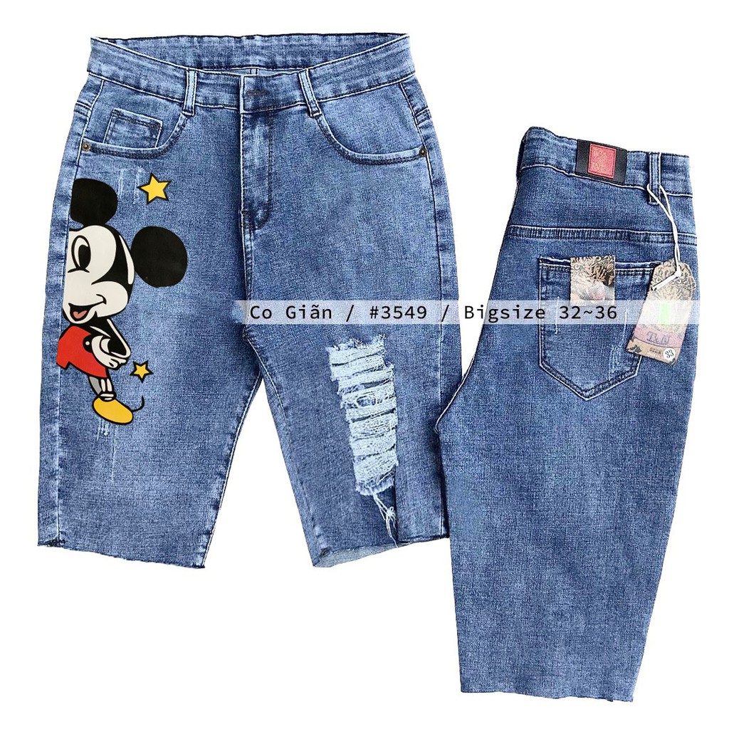 [60kg~90kg] Quần jean ngố / lửng BIG SIZE lưng cao, co dãn mạnh rách kiểu đẹp IN HÌNH chuột mickey SAO 3459 moliruan