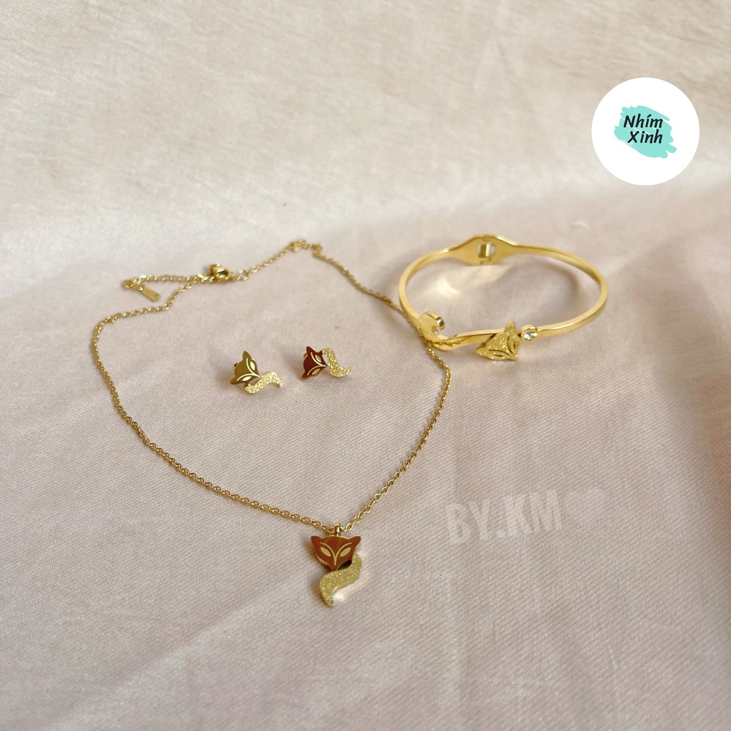 Set Dây Chuyền, Khuyên Tai, Vòng Tay Hồ Ly 100% Titan Cao Cấp Sáng Đẹp, Màu Vàng Hồng - Không Han Gỉ, Không Bạc Màu