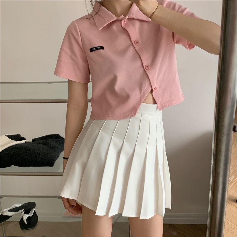 Ready Stock Pink Polo Collar T-Shirt Women + Pleated Skirt Set Short Summer Navel Slim and Thin Hong Kong Short Sleeve Top