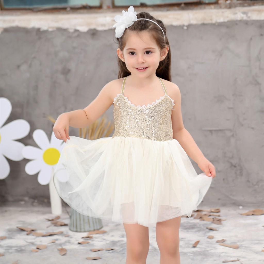 Đầm hai dây xoè gắn kim sa lấp lánh cho bé gái