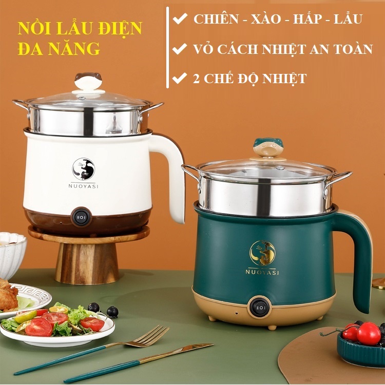 Nồi Điện Đa Năng Ca Nấu Mì, Nấu Cơm Đa Năng Có Tay Cầm 1,8L - Nồi Lẩu Điện Mini Kèm Giá Hấp Inox
