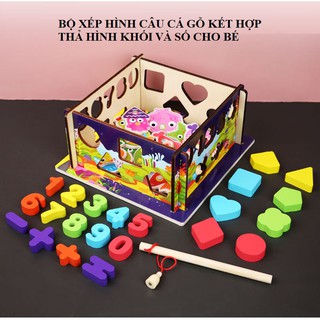 BỘ XẾP HÌNH CÂU CÁ GỖ KẾT HỢP THẢ HÌNH KHỐI VÀ SỐ CHO BÉ