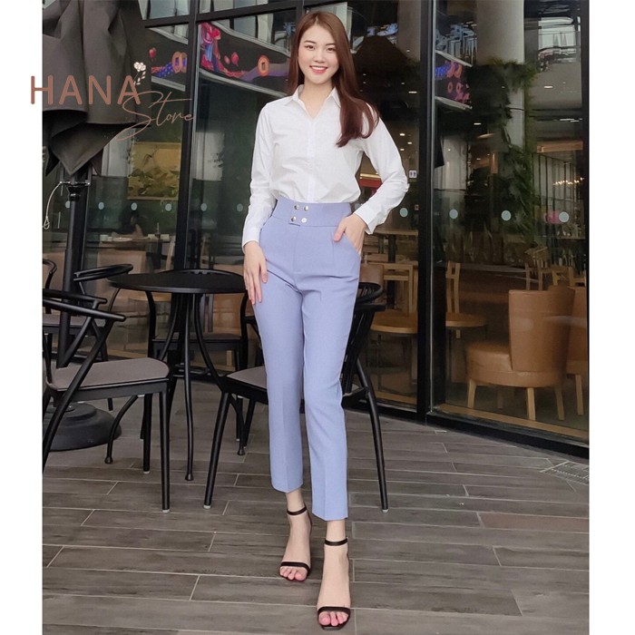 Quần baggy tây đen nữ cạp viền cao đi học làm công sở phối 4 cúc bấm - Dáng dài ống bằng - Vải tuyết mưa dày dặn mềm mịn