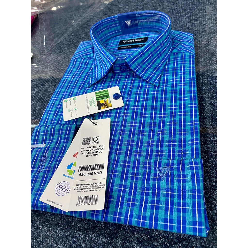 ÁO SƠ MI CHÍNH HÃNG ♥💕 FREESHIP💕♥ ÁO VIỆT TIẾN DÀI TAY LAI BẦU  mẫu sọc caro xanh