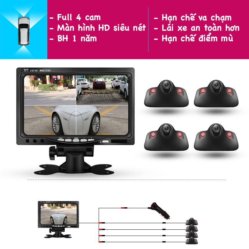 Camera 360 Ô Tô Xem 4 Cam Cùng Lúc, Màn Hình 7inch Full HD, Có Led Đi Đêm, BH 1 Năm, 1 Đổi 1 Trong 12 Tháng