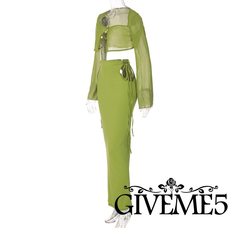 Set Đồ 2 Món Gồm Áo Lửng Dài Tay Màu Trơn Và Chân Váy Dài Xẻ Tà Cho Nữ