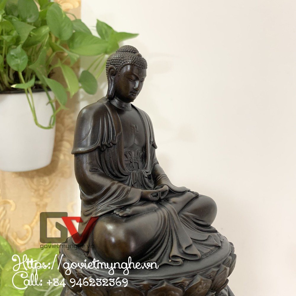 Tượng Đức Phật A Di Đà ngồi tòa đài sen đế hình bát giác mô phỏng trên đỉnh Fansipan Sapa - Chiều Cao 20cm - Màu Nâu Đen