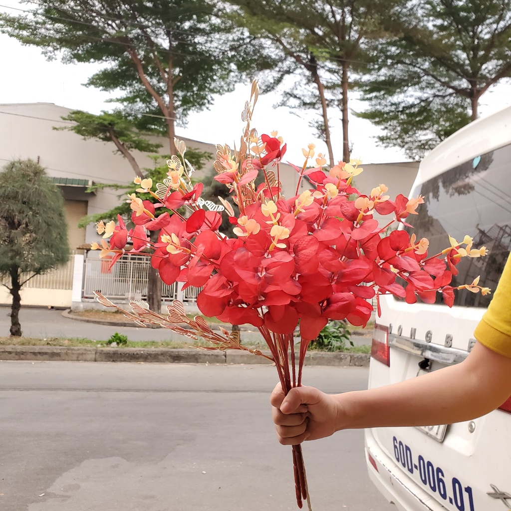 Set lá táo đỏ và cành lá vàng trang trí tết TÀI LỘC
