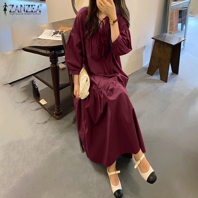 Đầm maxi ZANZEA dáng rộng cổ tròn tay lửng màu trơn thời trang dạo phố Hàn Quốc