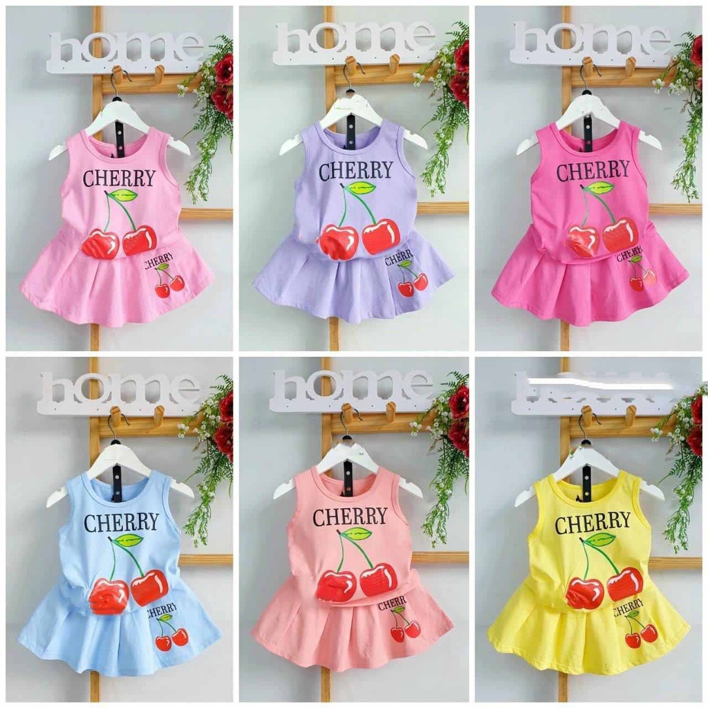 SET ÁO KÈM CHÂN VÁY XÒE IN HÌNH QUẢ CHERRY CHẤT COTTON MỀM MÁT SIÊU CƯNG CHO BÉ 8-18KG. VIDEO THẬT. BIBO BABY SHOP