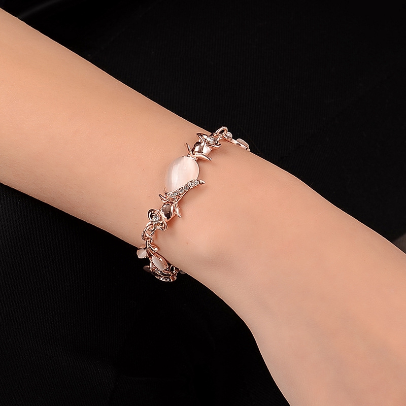 Rose Gold Leaf Design Opal Inlaid Diamonds Bracelet Bangles Women Jewelry ziyi