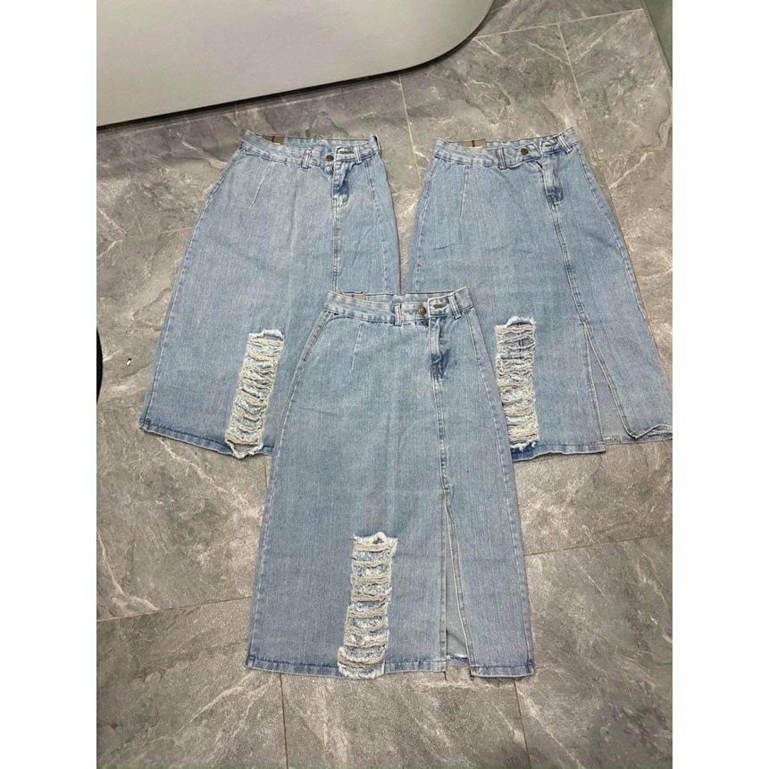 Happy-store ❤️ Chân Váy Jeans Nữ Rách Dáng Chữ A ❤️ Váy Bò Dài Xẻ Vạt Fullsize 2 Màu